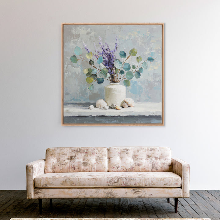 Lavender Sprigs in a Ceramic Vase Framed Canvas Print, Bathroom Art, Digital Art, Bathroom Decor, Fine Art, Spa, Dopamine Decor, BAT-1x1-12