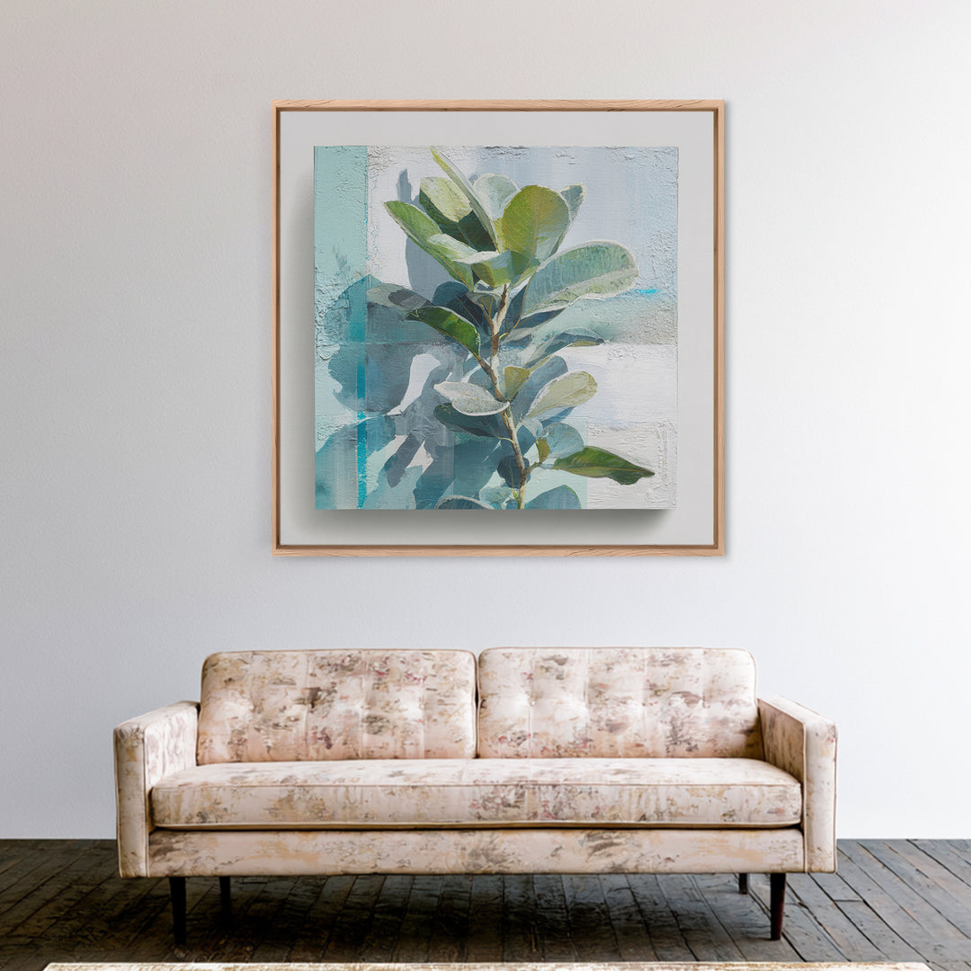 Sunlit Window Plant Shadow on Plaster Canvas Print, Bathroom Art, Dog Portrait, Bathroom Decor, Spa, Minimalist Wall Art, BAT-1x1-18