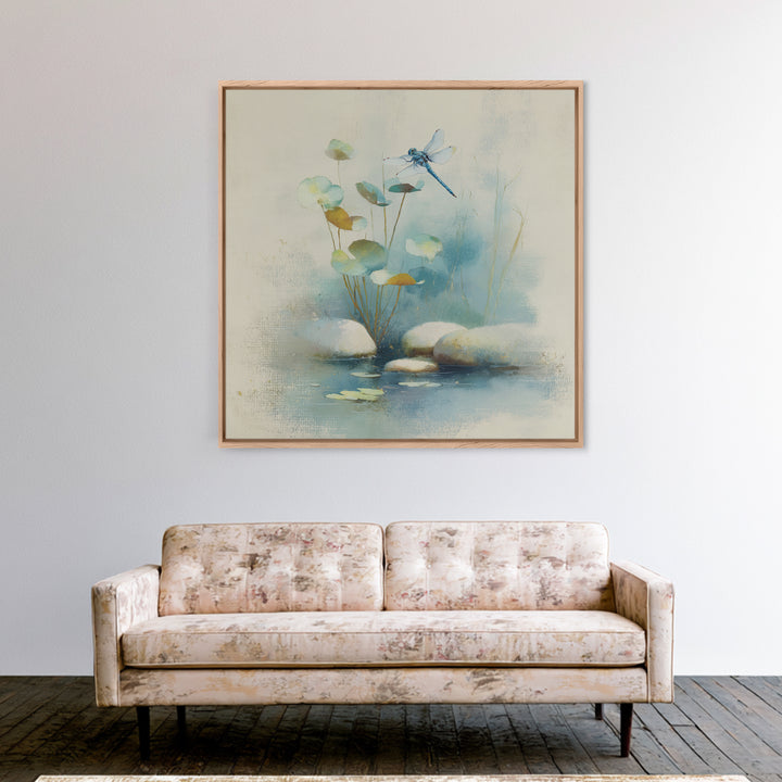 Delicate Dragonfly Above a Pond Surface Framed Canvas Print, Bathroom Art, Modern Art, Bathroom Decor, Fine Art, Spa, BAT-1x1-24