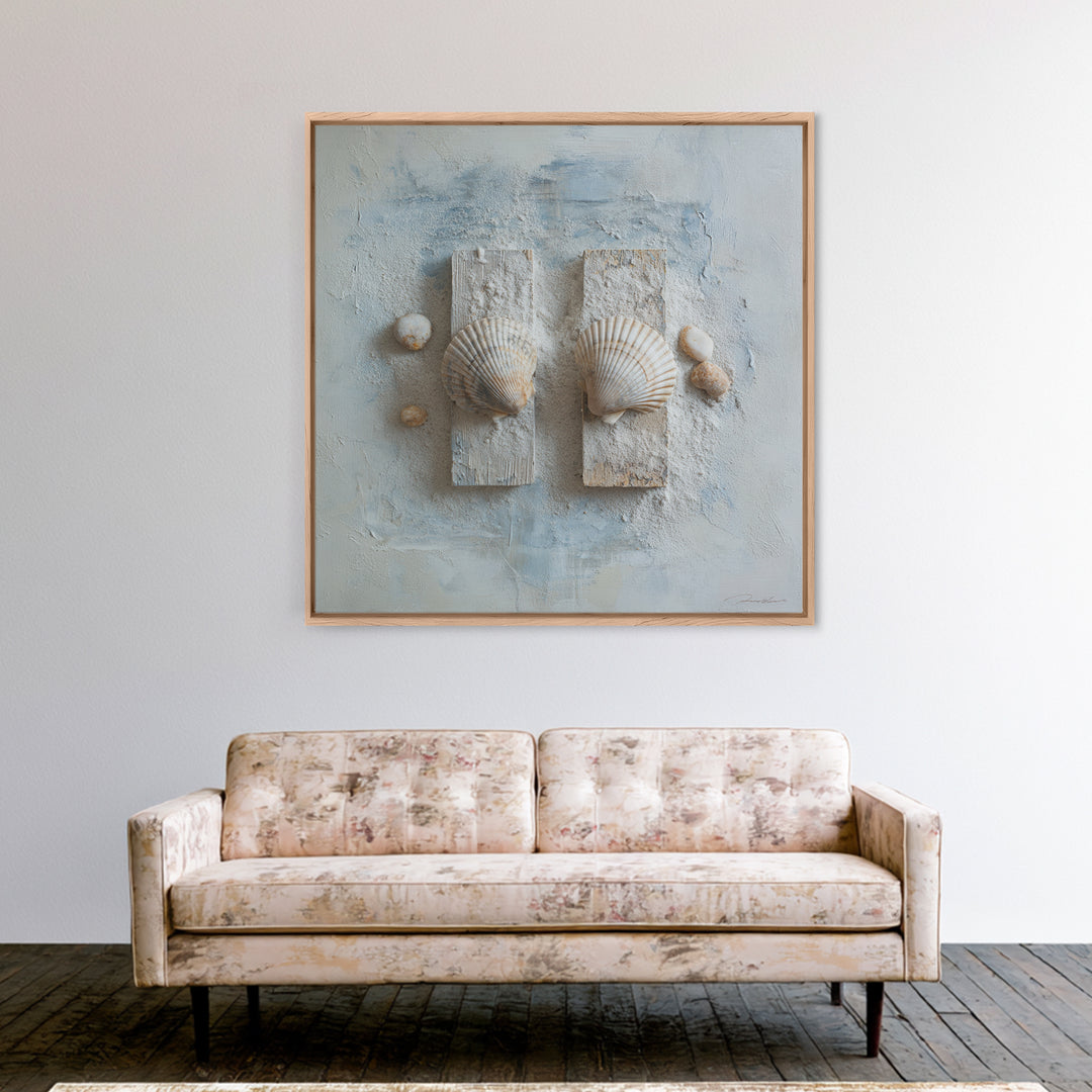 Minimal Seashell Still Life on Pale Sand Framed Canvas Print, Bathroom Art, Canvas Wall Art, Bathroom Decor, Fine Art, Spa, BAT-1x1-27