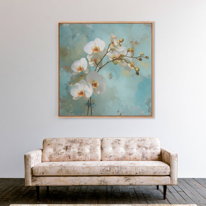 White Orchid on Warm Stone Background Framed Canvas Print, Bathroom Art, Bathroom Decor, Oil Painting, Spa, Modern Wall Art, BAT-1x1-28