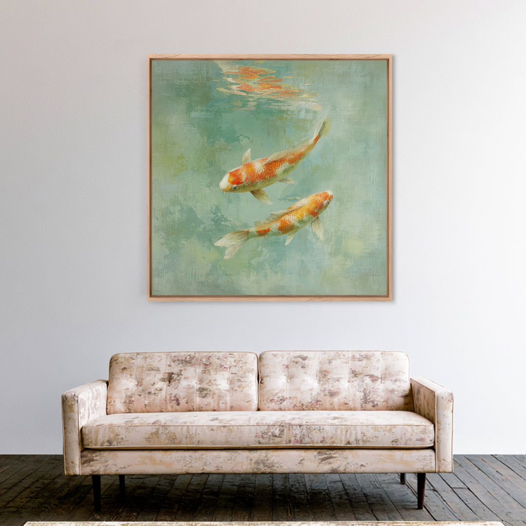 Minimal Koi Fish Swimming Through Clear Water Framed Canvas Print, Bathroom Art, Gallery Decor, Bathroom Decor, Fine Art, Spa, BAT-1x1-32