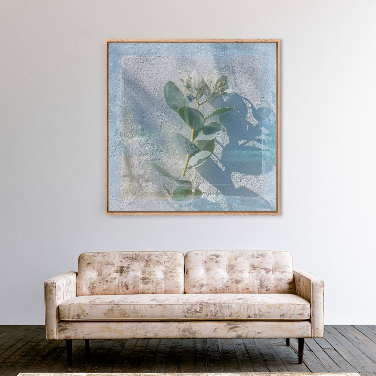 Sunlit Window Plant Shadow on Plaster Framed Canvas Print, Bathroom Art, Unique Wall Art, Bathroom Decor, Abstract Art, Spa, BAT-1x1-42