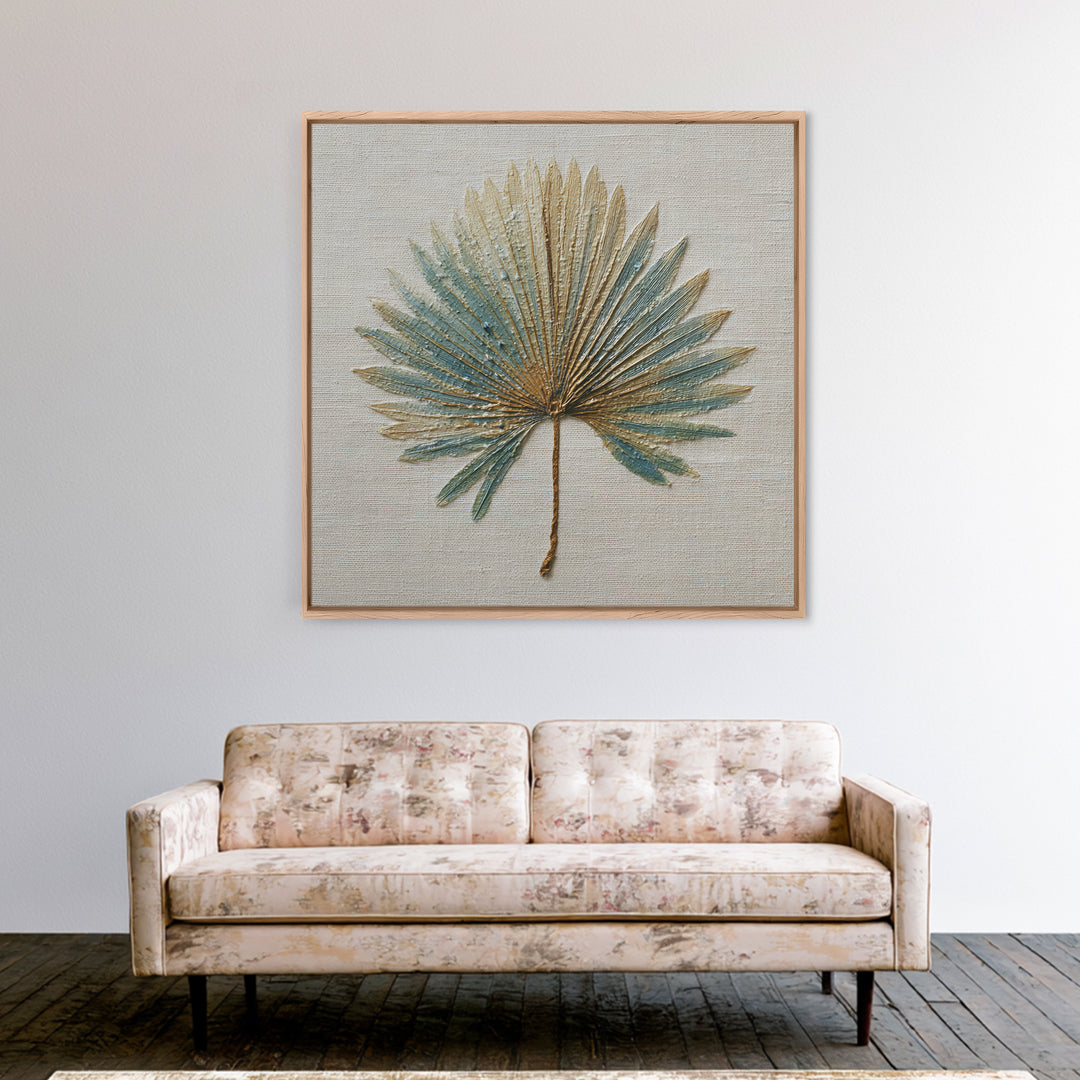Simple Palm Frond on Off White Linen Framed Canvas Print, Bathroom Art, Dog Portrait, Bathroom Decor, Spa, Minimalist Wall Art, BAT-1x1-47