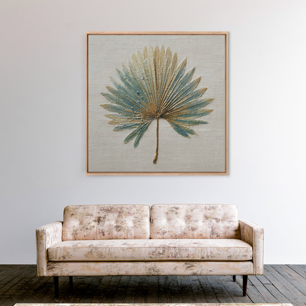 Simple Palm Frond on Off White Linen Framed Canvas Print, Bathroom Art, Dog Portrait, Bathroom Decor, Spa, Minimalist Wall Art, BAT-1x1-47