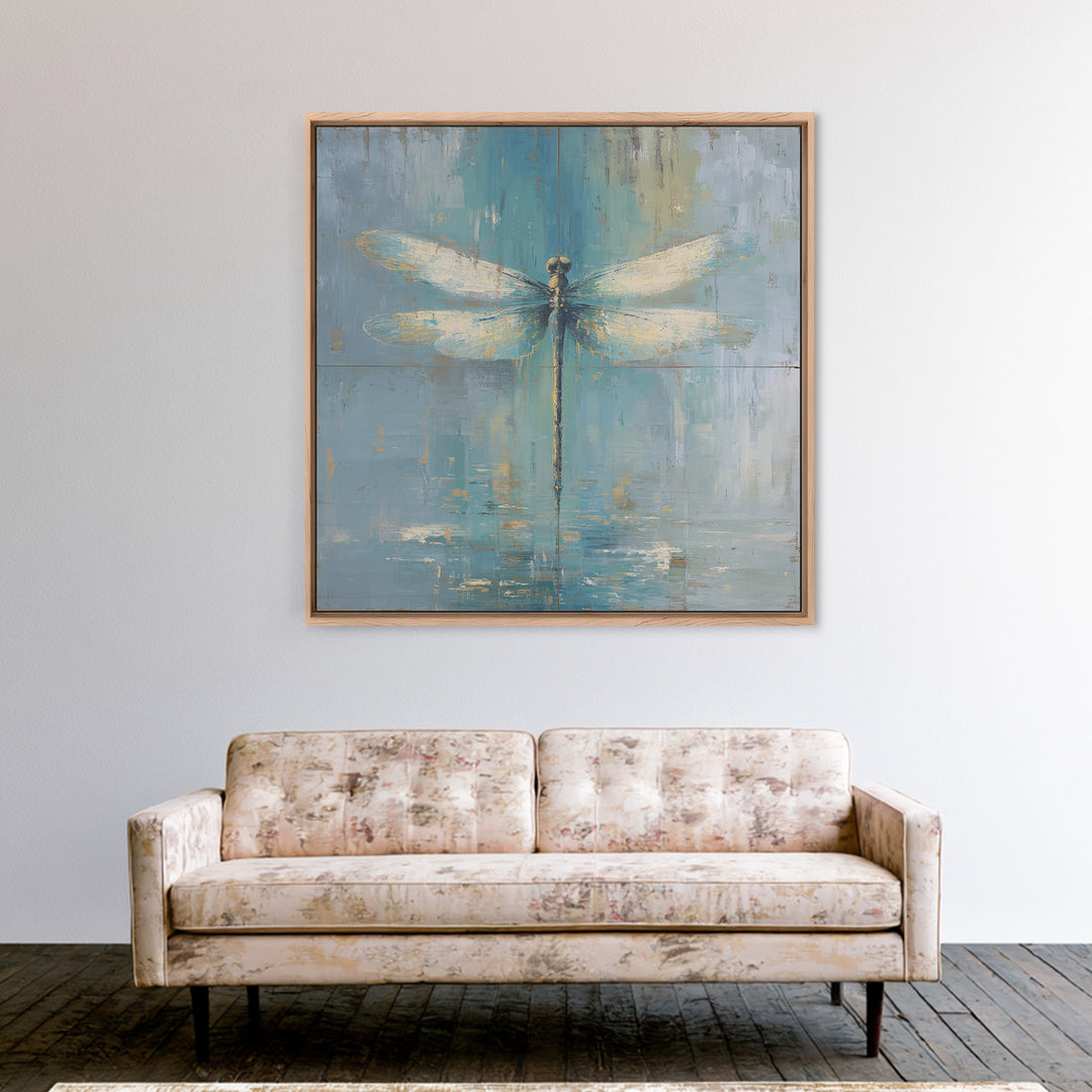 Delicate Dragonfly Above a Pond Surface Framed Canvas Print, Bathroom Art, Home Decor, Bathroom Decor, Fine Art, Spa, BAT-1x1-48