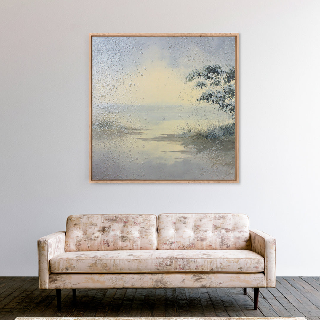 Misty Lake Scene Framed Canvas Print, Bathroom Art, Trendy Wall Art, Bathroom Decor, Fine Art, Spa, Textured Painting, BAT-1x1-57