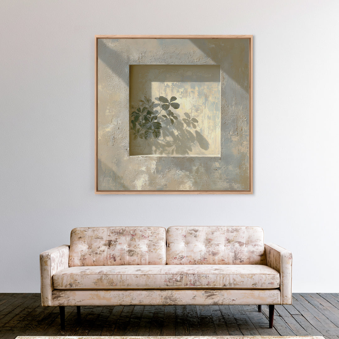 Sunlit Window Plant Shadow on Plaster Framed Canvas Print, Bathroom Art, Unique Wall Art, Bathroom Decor, Abstract Art, Spa, BAT-1x1-66