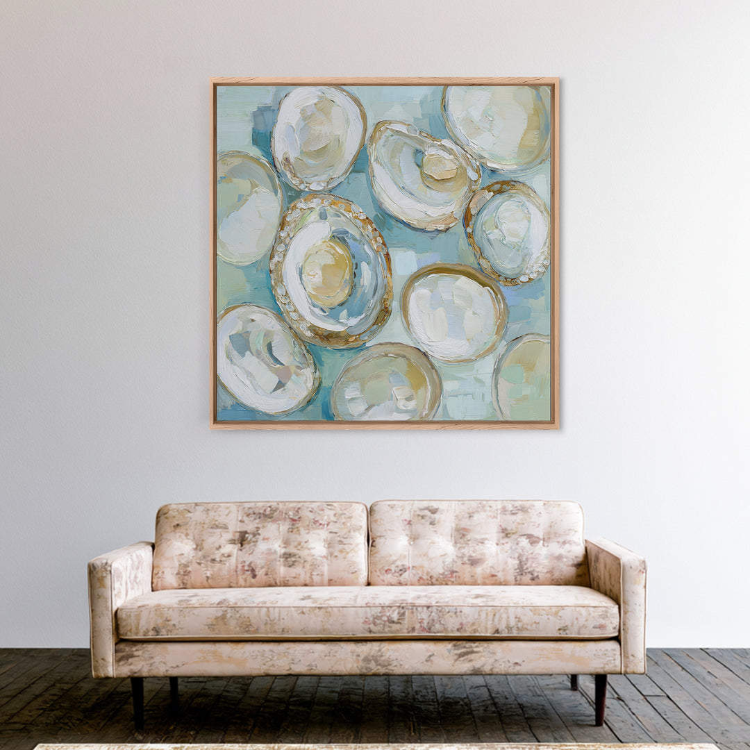 Oyster Shell Study Framed Canvas Print, Bathroom Art, Modern Wall Art, Bathroom Decor, Fine Art, Spa, Wall Decor, Neutral Decor, BAT-1x1-70