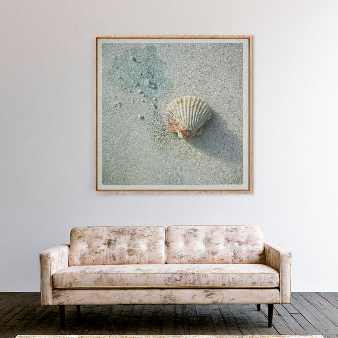 Minimal Seashell Still Life on Pale Sand Canvas Print, Bathroom Art, Gallery Decor, Bathroom Decor, Spa, Minimalist Decor, BAT-1x1-75
