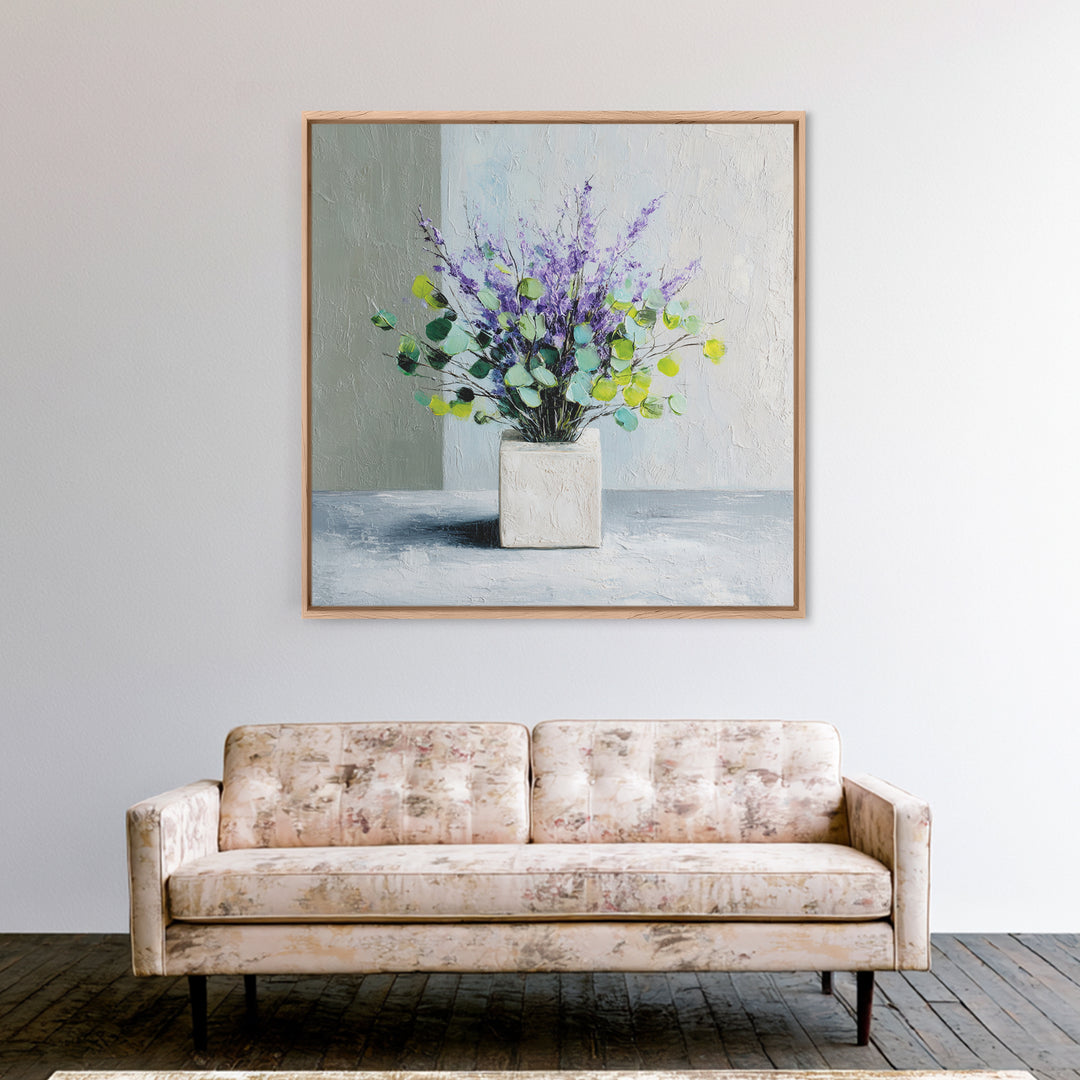 Lavender Sprigs in a Ceramic Vase Framed Canvas Print, Bathroom Art, Bathroom Wallpaper, Bathroom Decor, Abstract Art, Spa, BAT-1x1-84