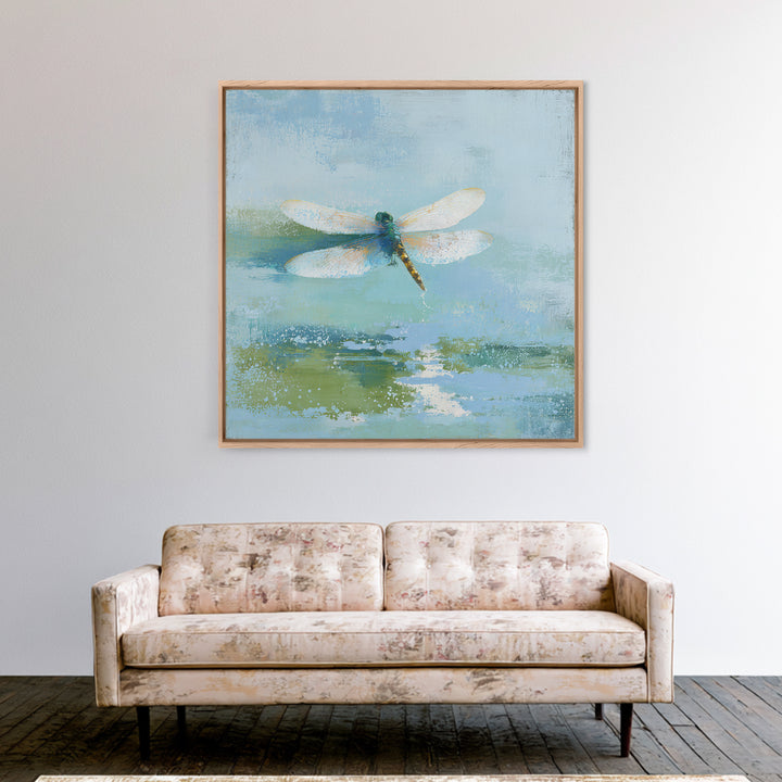 Delicate Dragonfly Above a Pond Surface Framed Canvas Print, Bathroom Art, Poster, Bathroom Decor, Fine Art, Spa, Digital Print, BAT-1x1-96