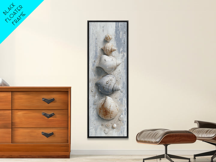 Minimal Seashell Still Life on Pale Sand Framed Canvas Print, Bathroom Art, Statement Artwork, Bathroom Decor, Abstract Art, BAT-1x3-15