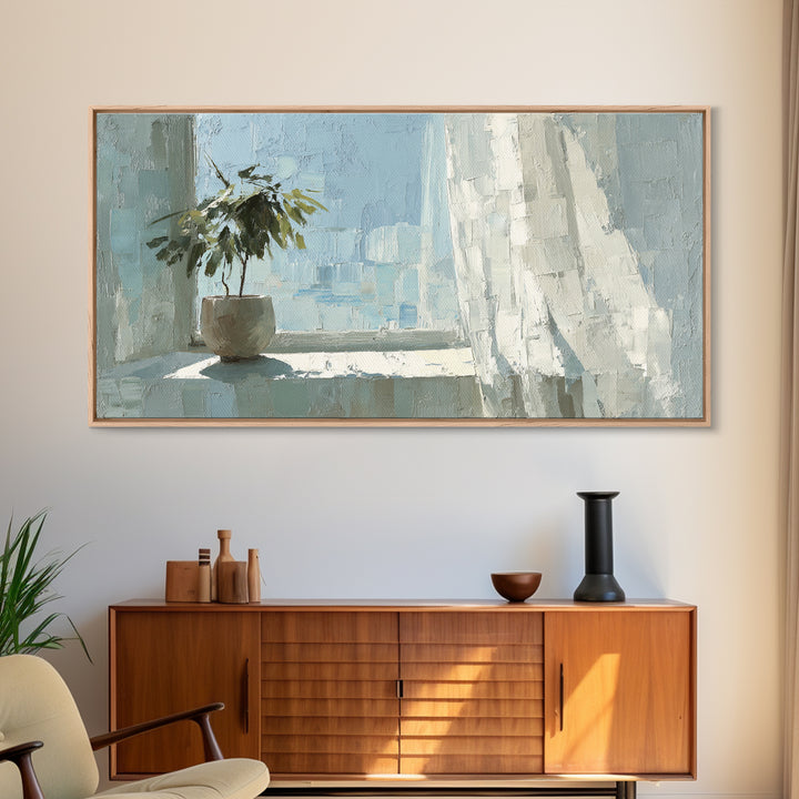 Sunlit Window Plant Shadow on Plaster Framed Canvas Print, Bathroom Art, Bathroom Print, Bathroom Decor, Watercolor Art, Spa, BAT-2x1-14