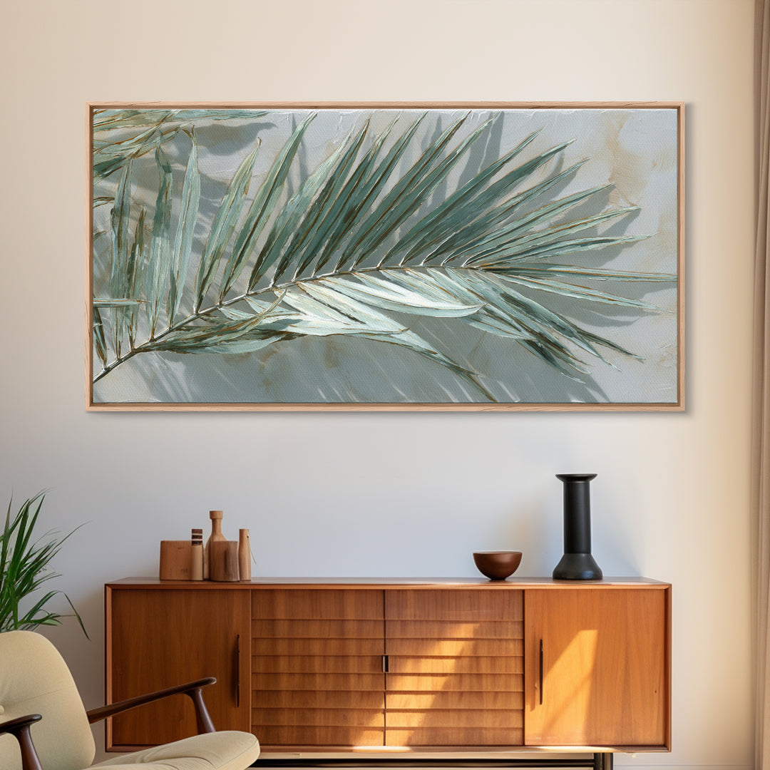 Simple Palm Frond on Off White Linen Framed Canvas Print, Bathroom Art, Bathroom Art Decor, Bathroom Decor, Abstract Art, Spa, BAT-2x1-19