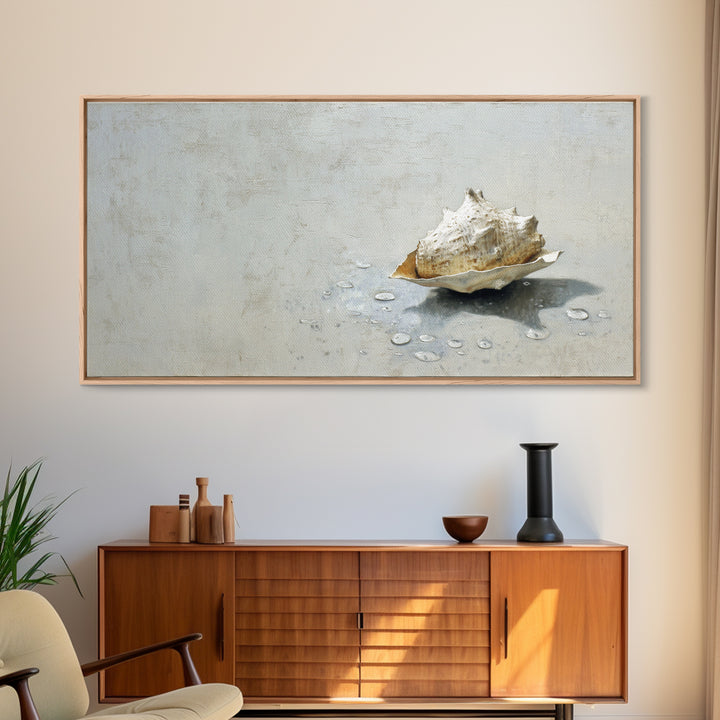 Minimal Seashell Still Life on Pale Sand Framed Canvas Print, Bathroom Art, Digital Art, Bathroom Decor, Watercolor Art, Spa, BAT-2x1-23