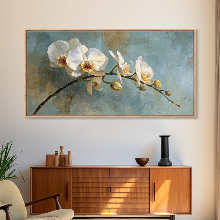 White Orchid on Warm Stone Background Framed Canvas Print, Bathroom Art, Textured Painting, Bathroom Decor, Fine Art, Spa, BAT-2x1-24