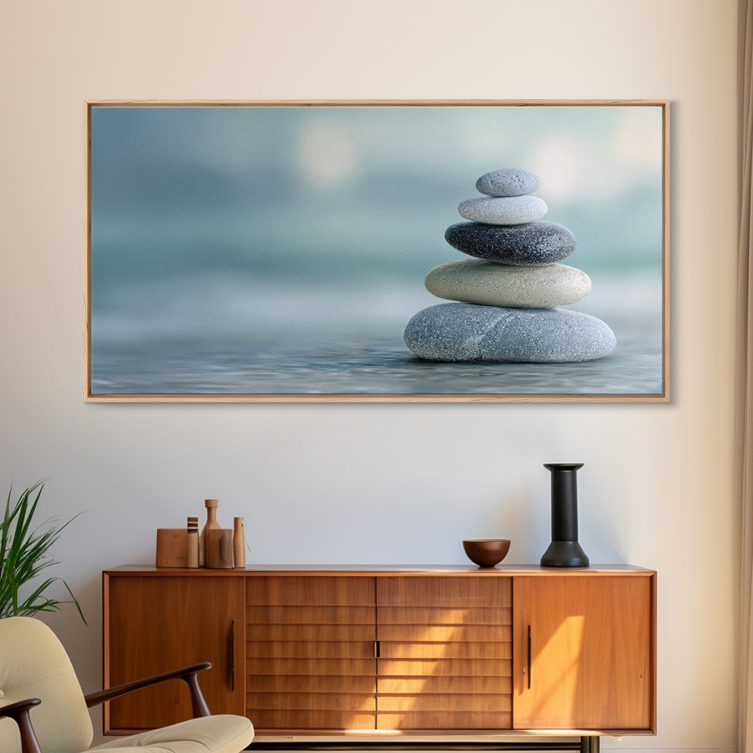 Monochrome Pebble Stack Framed Canvas Print, Bathroom Art, Statement Artwork, Bathroom Decor, Fine Art, Spa, Digital Art, BAT-2x1-33