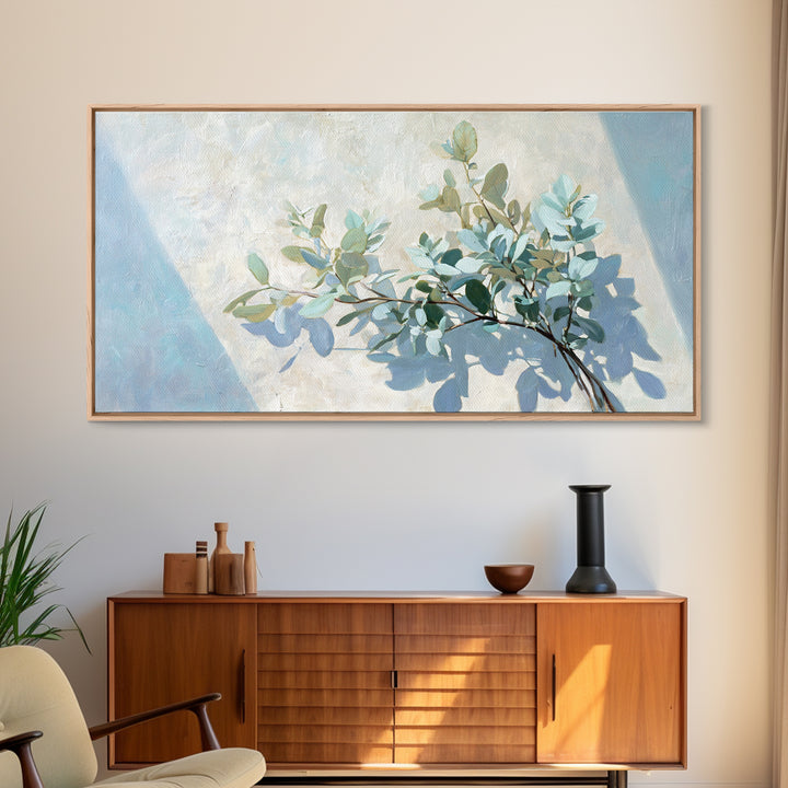 Sunlit Window Plant Shadow on Plaster Framed Canvas Print, Bathroom Art, Bathroom Print, Bathroom Decor, Watercolor Art, Spa, BAT-2x1-38