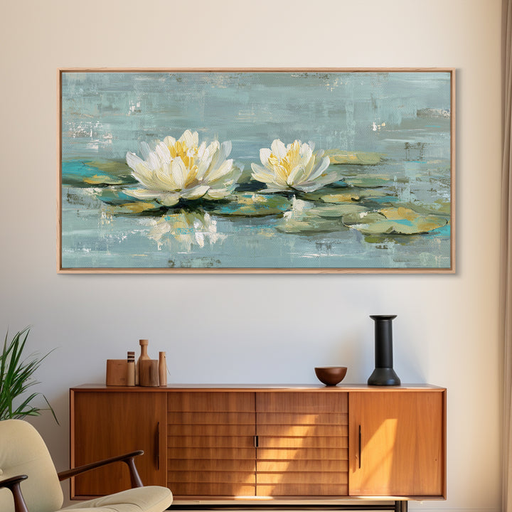 Lotus Flower Floating on Calm Water Framed Canvas Print, Bathroom Art, Wall Art, Bathroom Decor, Fine Art, Spa, Dog Portrait, BAT-2x1-40