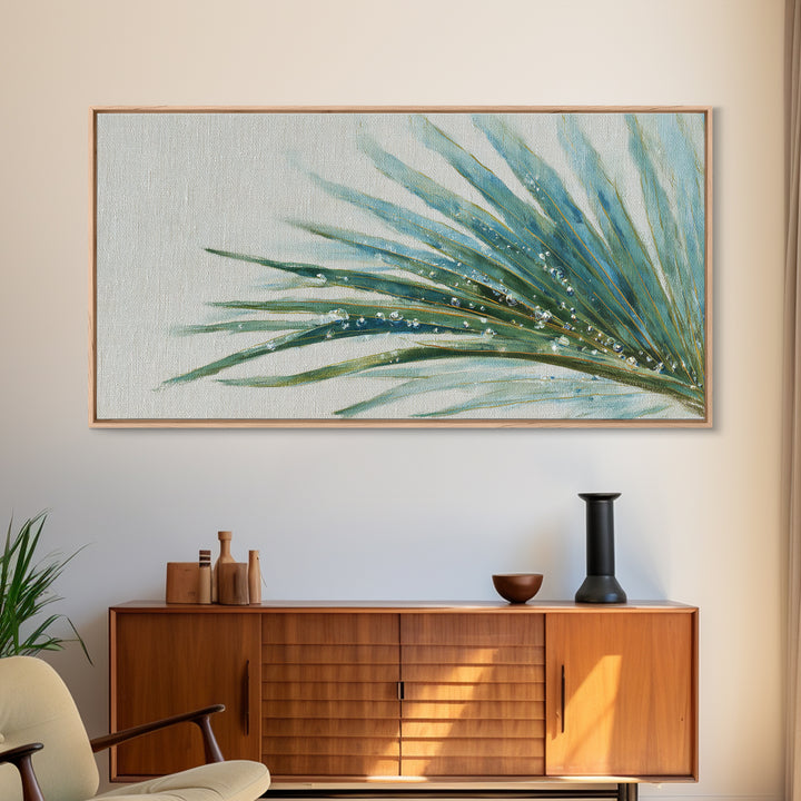 Simple Palm Frond on Off White Linen Framed Canvas Print, Bathroom Art, Poster, Bathroom Decor, Fine Art, Spa, Digital Print, BAT-2x1-43