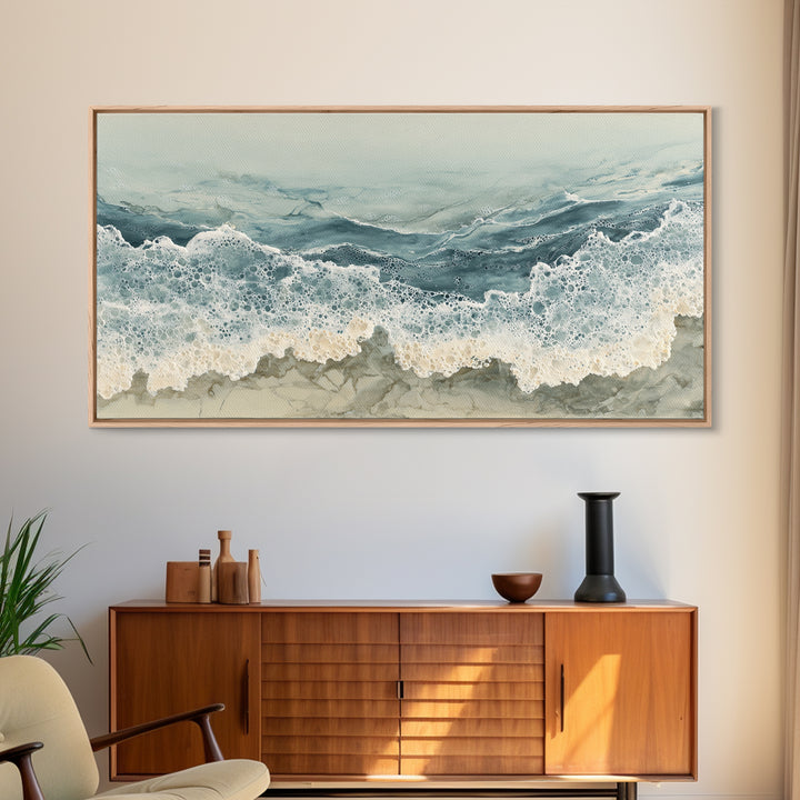 Calming Blue Ocean Wave Study Framed Canvas Print, Bathroom Art, Contemporary Art, Bathroom Decor, Oil Painting, Spa, BAT-2x1-45