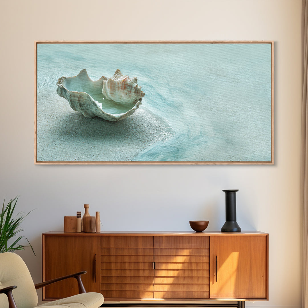 Minimal Seashell Still Life on Pale Sand Canvas Print, Bathroom Art, Bathroom Wall Art, Bathroom Decor, Oil Painting, Spa, BAT-2x1-47