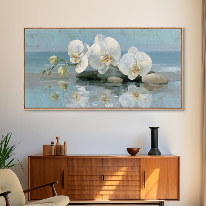 White Orchid on Warm Stone Background Canvas Print, Bathroom Art, Poster, Bathroom Decor, Fine Art, Spa, Digital Print, BAT-2x1-48
