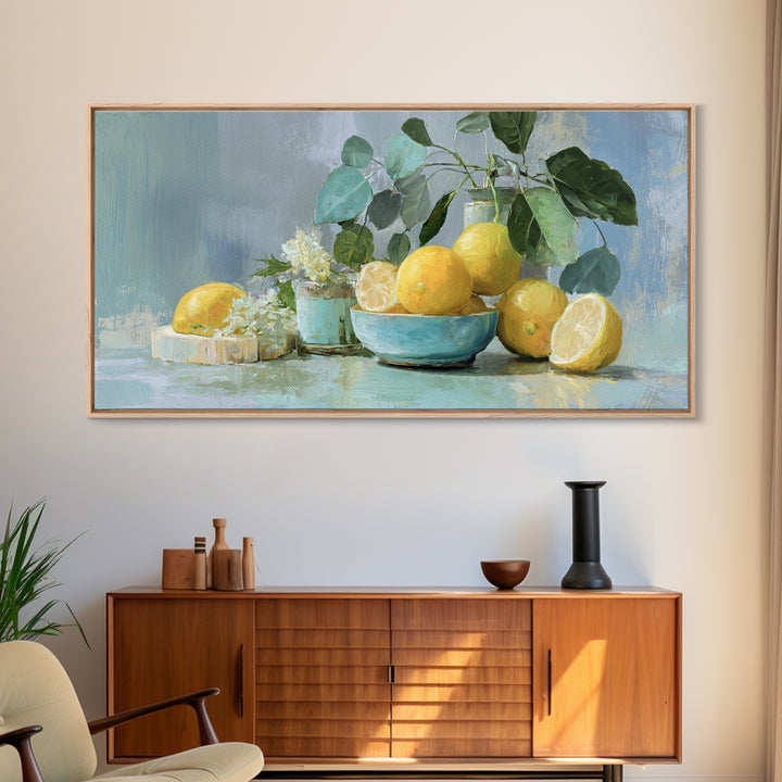 Lemon and Botanical Still Life Framed Canvas Print, Bathroom Art, Luxury Decor, Bathroom Decor, Oil Painting, Spa, BAT-2x1-50