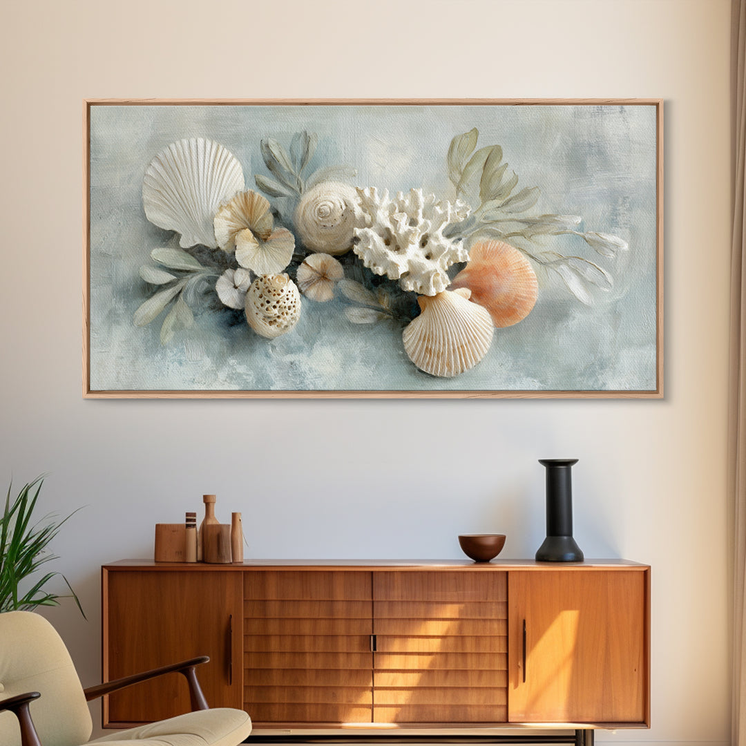 Coral and Shell Arrangement Framed Canvas Print, Bathroom Art, Wall Hanging, Bathroom Decor, Fine Art, Spa, Modern Art, BAT-2x1-55