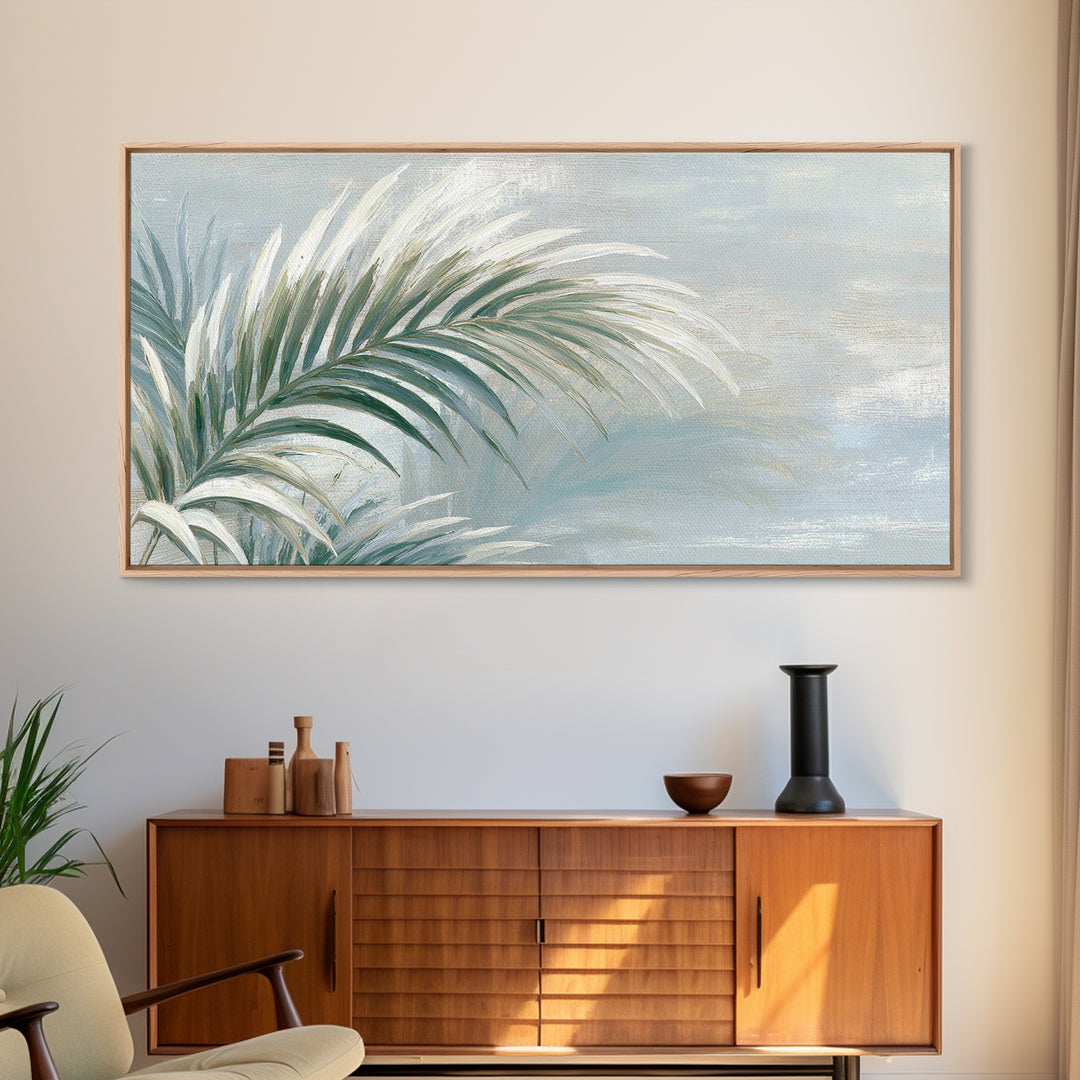 Simple Palm Frond on Off White Linen Framed Canvas Print, Bathroom Art, Minimalist Wall Art, Bathroom Decor, Fine Art, Spa, BAT-2x1-67