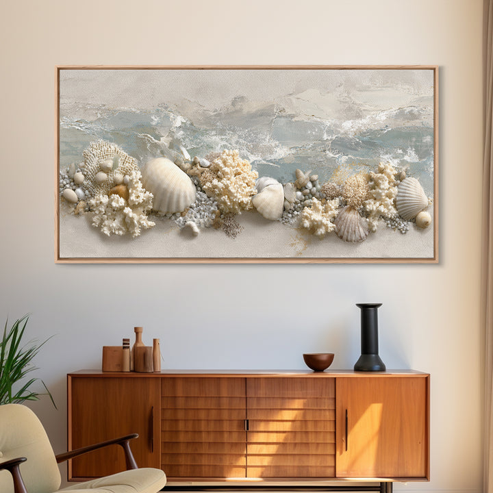 Coral and Shell Arrangement Framed Canvas Print, Bathroom Art, Contemporary Art, Bathroom Decor, Fine Art, Spa, Framed Wall Art, BAT-2x1-7