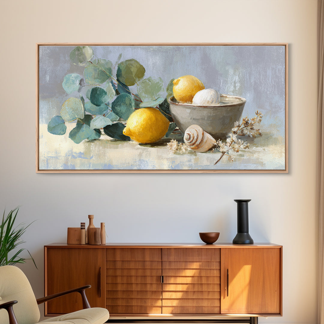 Lemon and Botanical Still Life Canvas Print, Bathroom Art, Bathroom Decor, Watercolor Art, Spa, Framed Wall Art, BAT-2x1-74