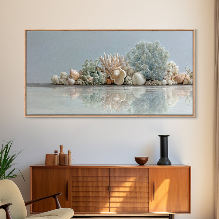 Coral and Shell Arrangement Framed Canvas Print, Bathroom Art, Bathroom Accessories, Bathroom Decor, Spa, Fine Art Print, BAT-2x1-79