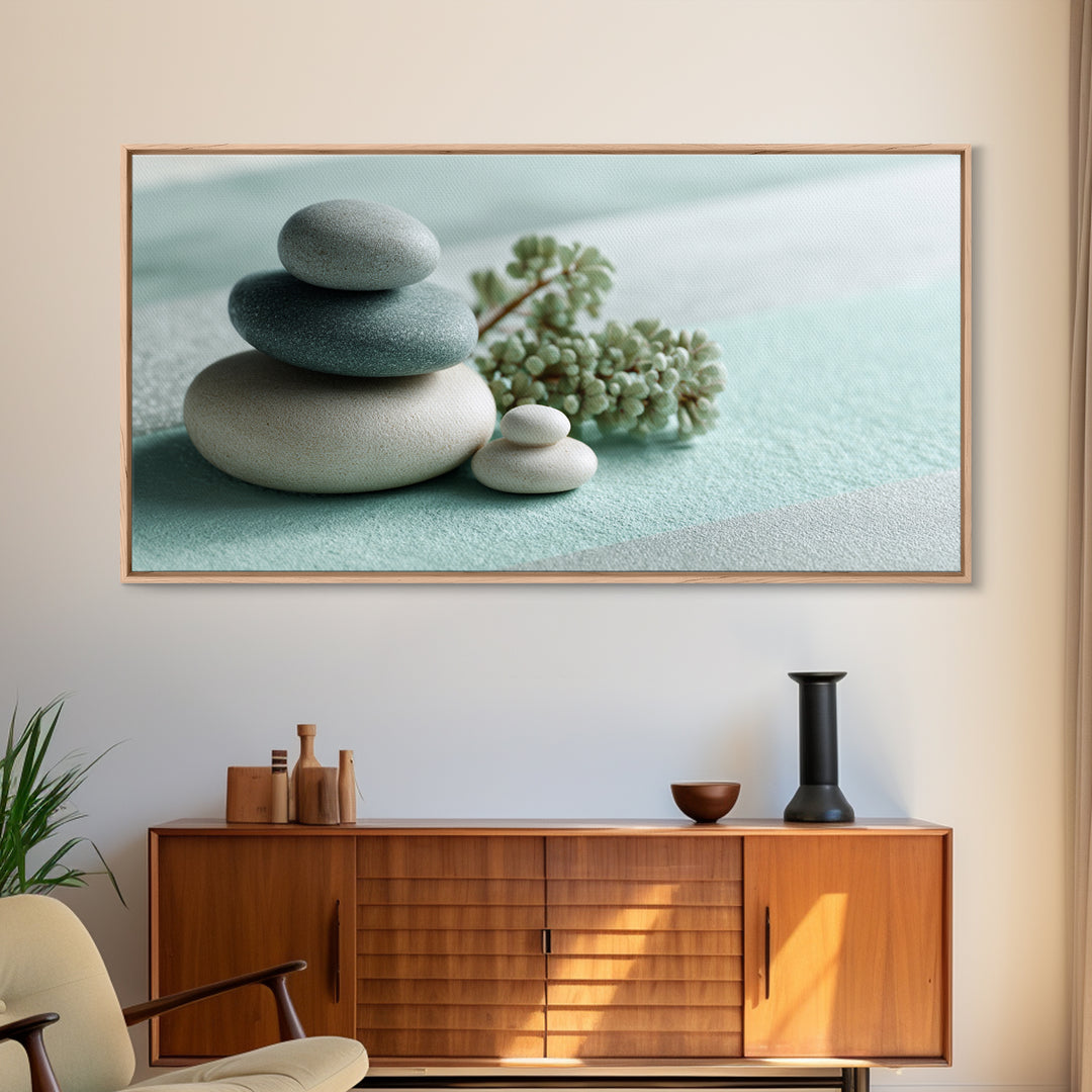 Monochrome Pebble Stack Framed Canvas Print, Bathroom Art, Poster, Bathroom Decor, Watercolor Art, Spa, Digital Print, BAT-2x1-81