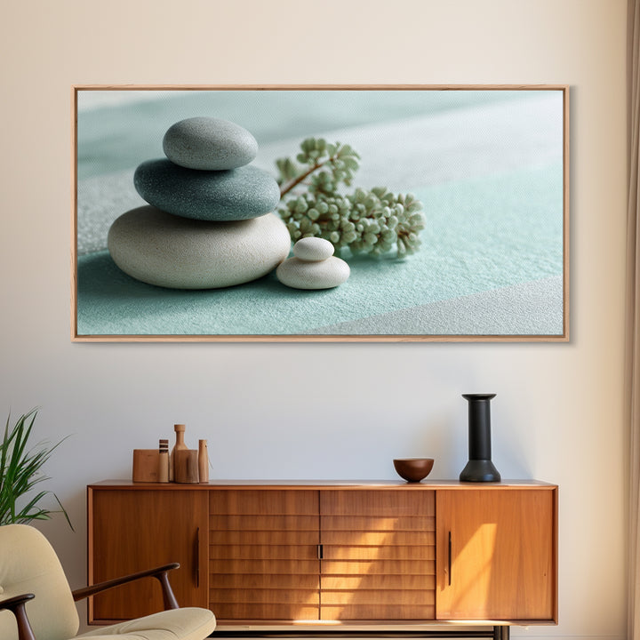 Monochrome Pebble Stack Framed Canvas Print, Bathroom Art, Poster, Bathroom Decor, Watercolor Art, Spa, Digital Print, BAT-2x1-81