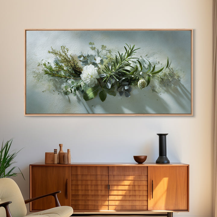 Botanical Bath Herb Arrangement Framed Canvas Print, Bathroom Art, Digital Art, Bathroom Decor, Fine Art, Spa, Dopamine Decor, BAT-2x1-85