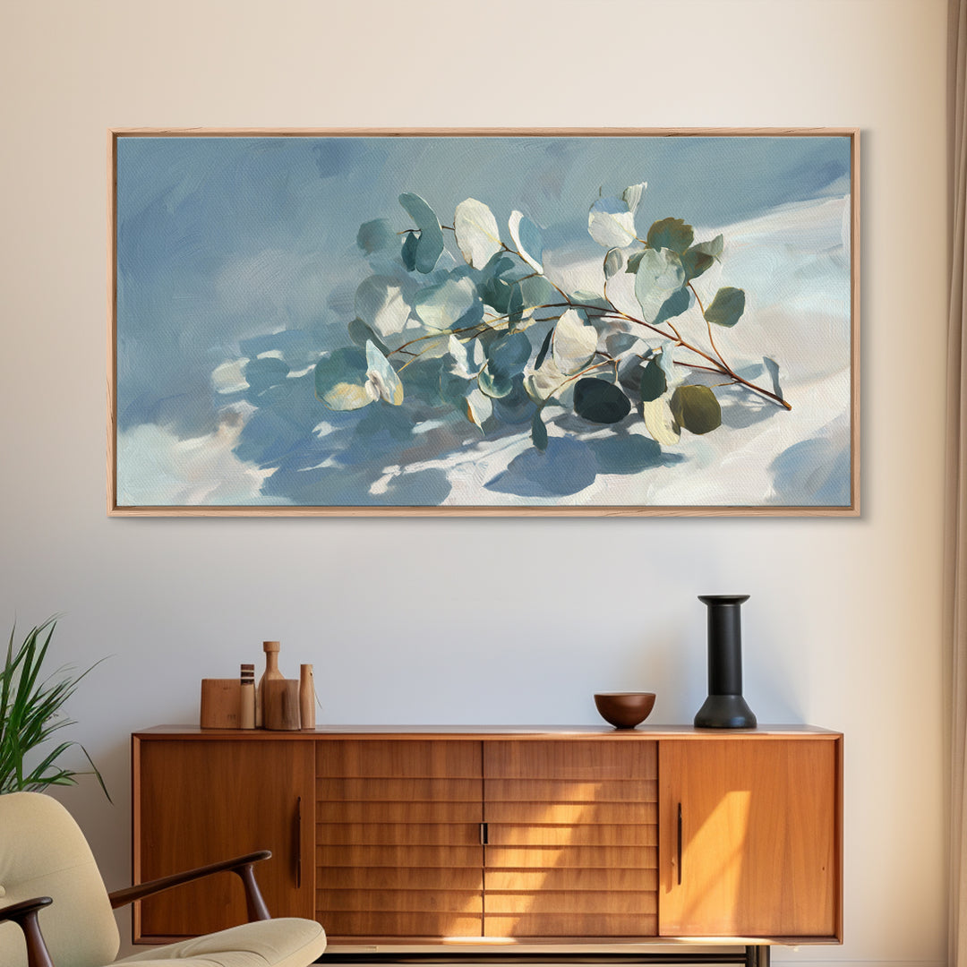 Sunlit Window Plant Shadow on Plaster Framed Canvas Print, Bathroom Art, Textured Painting, Bathroom Decor, Fine Art, Spa, BAT-2x1-86