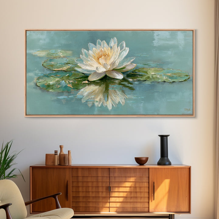 Lotus Flower Floating on Calm Water Framed Canvas Print, Bathroom Art, Framed Wall Art, Bathroom Decor, Watercolor Art, Spa, BAT-2x1-88