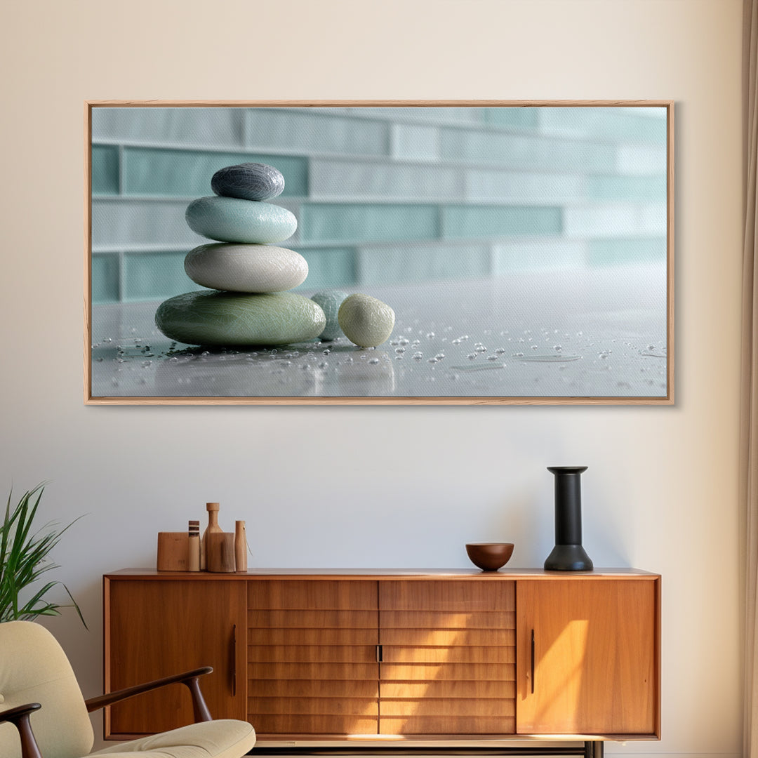 Monochrome Pebble Stack Framed Canvas Print, Bathroom Art, Statement Artwork, Bathroom Decor, Fine Art, Spa, Digital Art, BAT-2x1-9