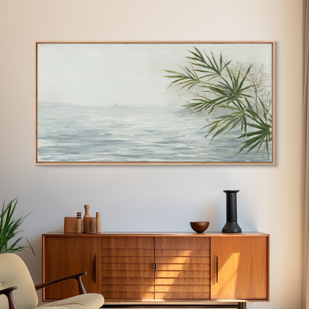 Simple Palm Frond on Off White Linen Framed Canvas Print, Bathroom Art, Digital Art, Bathroom Decor, Abstract Art, Spa, BAT-2x1-91