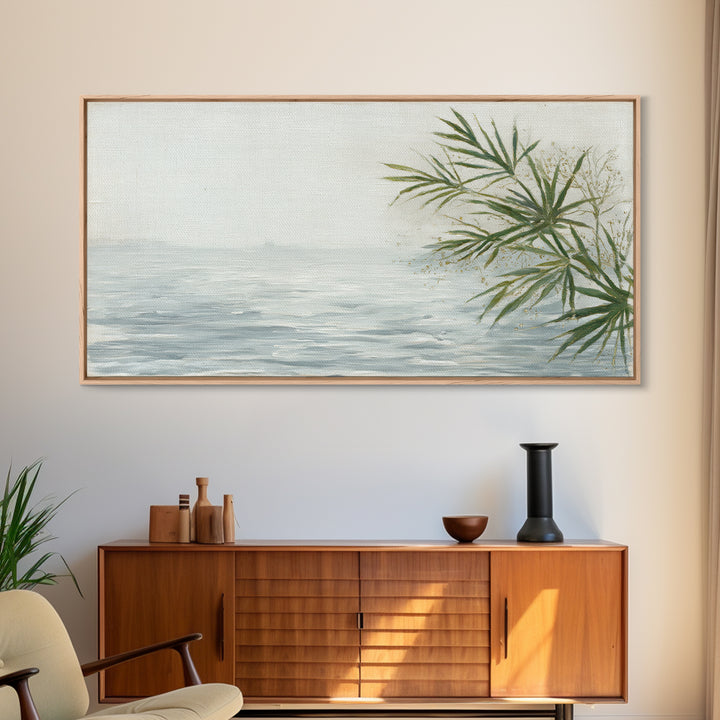 Simple Palm Frond on Off White Linen Framed Canvas Print, Bathroom Art, Digital Art, Bathroom Decor, Abstract Art, Spa, BAT-2x1-91