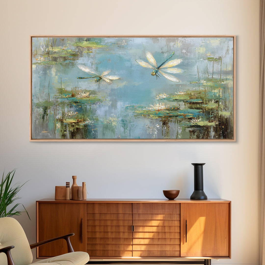 Delicate Dragonfly Above a Pond Surface Framed Canvas Print, Bathroom Art, Dog Portrait, Bathroom Decor, Oil Painting, Spa, BAT-2x1-92