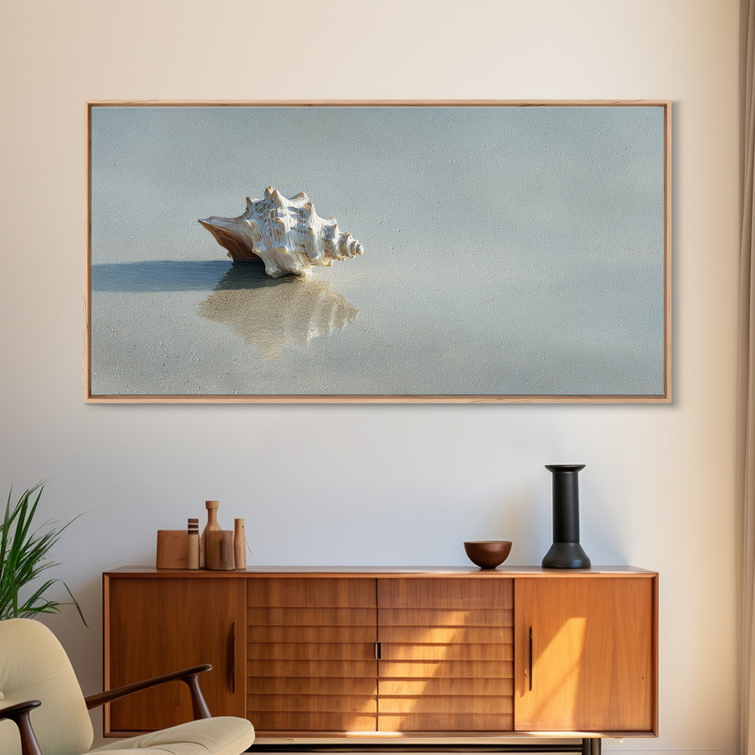 Minimal Seashell Still Life on Pale Sand Framed Canvas Print, Bathroom Art, Bathroom Wallpaper, Bathroom Decor, Fine Art, Spa, BAT-2x1-95
