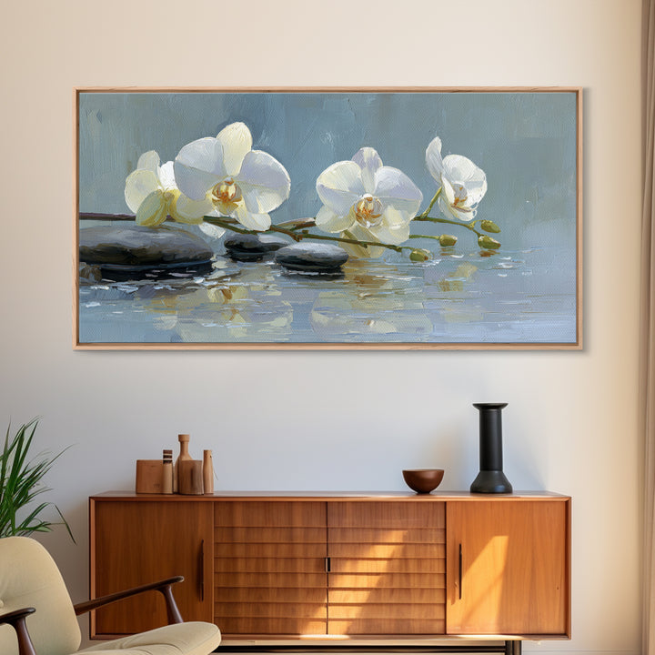 White Orchid on Warm Stone Background Framed Canvas Print, Bathroom Art, Modern Wall Art, Bathroom Decor, Oil Painting, Spa, BAT-2x1-96