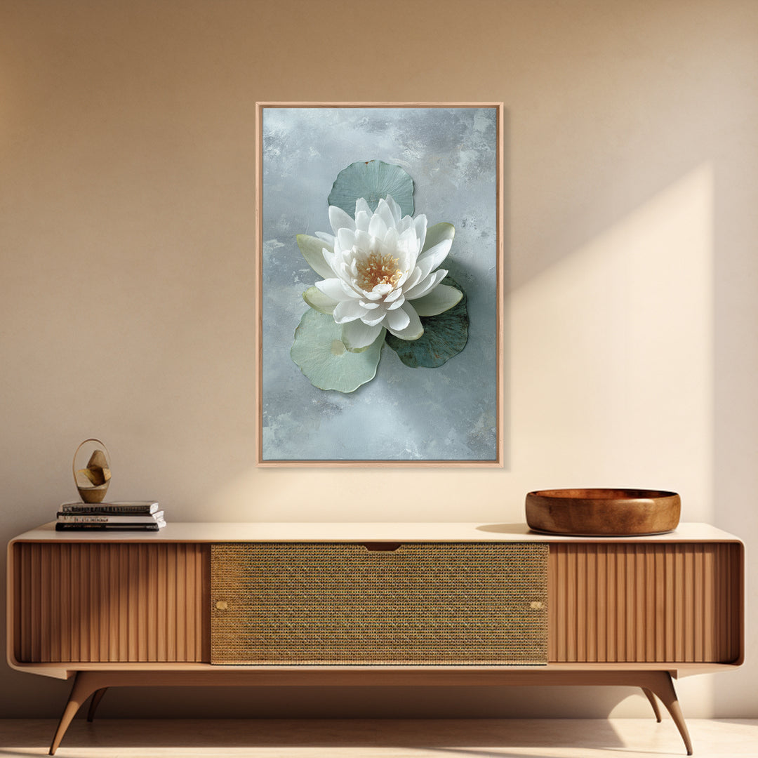 Lotus Flower Floating on Calm Water Framed Canvas Print, Bathroom Art, Trendy Wall Art, Bathroom Decor, Watercolor Art, Spa, BAT-2x3-100