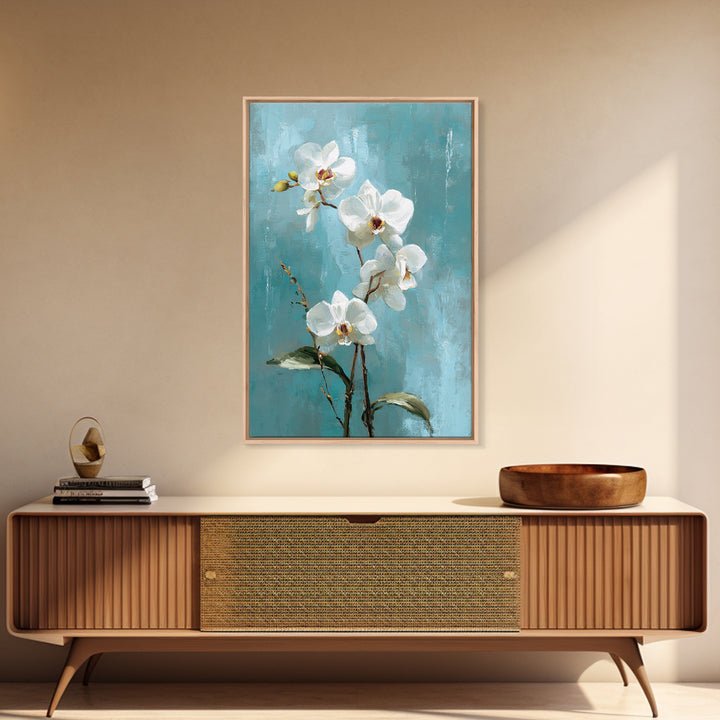 White Orchid on Warm Stone Background Framed Canvas Print, Bathroom Art, Fine Art Print, Bathroom Decor, Oil Painting, Spa, BAT-2x3-12