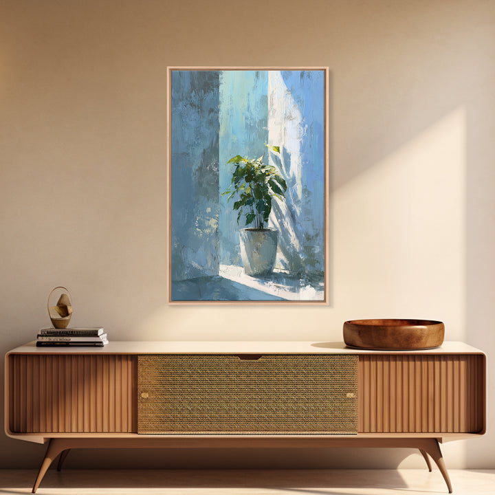 Sunlit Window Plant Shadow on Plaster Framed Canvas Print, Bathroom Art, Gallery Decor, Bathroom Decor, Abstract Art, Spa, BAT-2x3-2