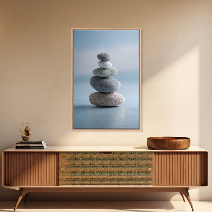 Monochrome Pebble Stack Framed Canvas Print, Bathroom Art, Boho Decor, Bathroom Decor, Oil Painting, Spa, Printable, BAT-2x3-21