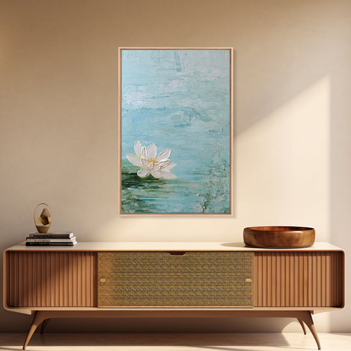Lotus Flower Floating on Calm Water Framed Canvas Print, Bathroom Art, Printable Wall Art, Bathroom Decor, Oil Painting, Spa, BAT-2x3-28